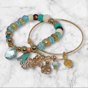 Bracelet Set Stretch & Adjustable Charm Bangle Teal Gold Handmade Sparkly Dainty